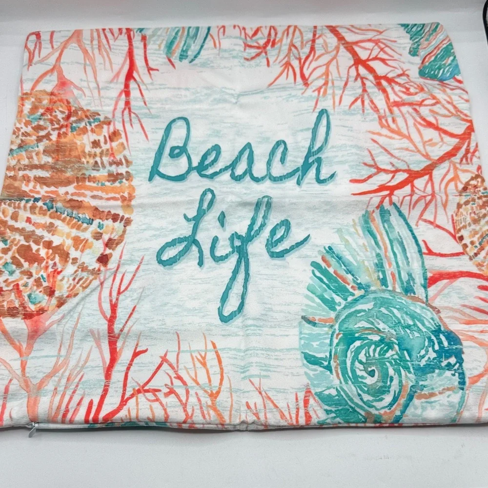 Coastal Coral Reef Pillow Covers 16” x 16”- White with Coral & Teal Accents Set